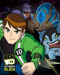 plakat na ścianę dla fana serialu animowanego Ben 10 Alien Force przedstawiający Bena z zegarkiem omnitrix na tle potworów