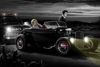 plakat z Elvisem Presleyem i Marilyn Monroe siedzącymi w samochodzie obok radiowozu
