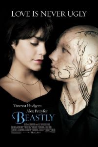 plakat z filmu fantasy Beastly (Love Is Never Ugly) przedstawiajacy Vanessę Hudgens w roli Lindy Taylor i Alexa Pettyfera w roli Kyle Kingsona na czarnym tle