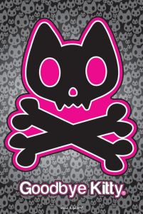 plakat przedstawiający na szarym tle czarno-różowymi konturami głowy Hello Kitty i poniżej piszczelami oraz napisem żegnaj kitty