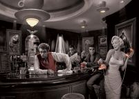 Marilyn Monroe, Elvis Presley, Marlon Brando i James Dean siedzący w hotelowym barze
