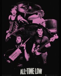 Różowo-czarny plakat z członkami zespołu punkowego All Time Low