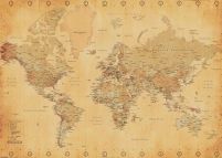Brązowa mapa Świata z zegarami na ścianę w stylu vintage