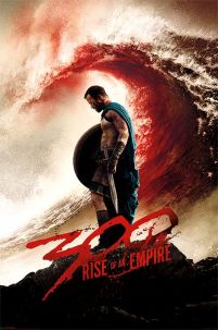 Plakat z filmu 300 Spartan z wojownikiem Temistoklesem na tle fali krwi