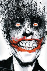 plakat z komiksu Batman przedstawiający twarz Jokera z nietoperzami