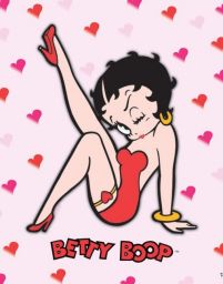 plakat o wymiarach 40x50 cm z Betty Boop w czerwonej sukience i szpilkach, któr siedzi z jedną nogą podniesioną do góry na różowym tle z serduszkami