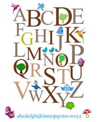 edukacyjny plakat z kolorowym alfabetemi małymi ptaszkami