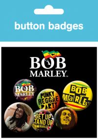 zestaw sześciu kolorowych przypinek z Bobem Marleyem i motywami rasta
