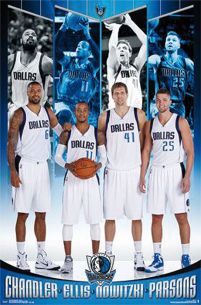 duży plakat z zawodnikami Dallas Mavericks, Chandler, Ellis, Nowitzki, Parsons
