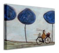 Perspektywa obrazu na płótnie przedstawiającego mężczyznę jadącego z kotami na rowerze
