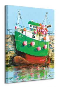 Obraz o wymiarach 60x80 przedstawia zieloną łódź
