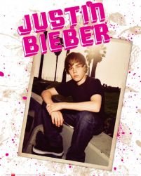 Mały plakat na ścianę ze zdjęciem Justina Biebera i różowym napisem z jego imieniem i nazwiskiem