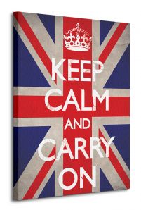 Obraz na płótnie przedstawia napis Keep Calm and Carry On na tle flagi Wielkiej Brytanii