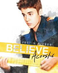 plakat z Justinem Bieberem grającym na gitarze promujący album Believe