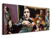 Duży obraz 100x50 przedstawiający postacie Renton, Spud, Sick Boy, Tommy, Begbie i Diane z filmu Trainspotting