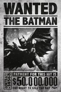 czarno-biały plakat na ścianę przedstawiający list gończy za Batmanem