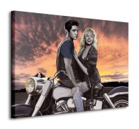 Obraz 80x60 przedstawia Marilyn Monroe i Elvisa Presleya na motorze