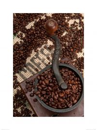 reprodukcja o wymiarach 60x80 cm przedstawiająca ziarna kawy i stary młynek