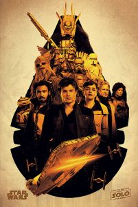 Plakat z bohaterami filmu Han Solo: Gwiezdne wojny: Qi'Ra, Lando Calrissian, Tobias Beckett, Dryden Vos, Chewbacca i Han Solo