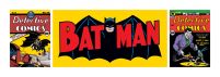 reprodukcja tryptyku z okładkami komiksu i dużym napisem Batman na żółtym tle