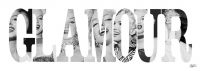 Czarno biała reprodukcja z napisem Glamour i zdjęciami Marilyn Monroe