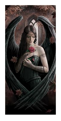 Duża reprodukcja przedstawiajaca smutnego anioła trzymającego w dłoni czerwoną różę