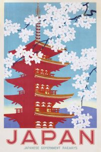 Kwitnące kwiaty i japońska swiątynia Japan Japanese govermant railways plakat artystyczny