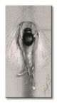 Obraz 30x60 przedstawia baletnicę zawiązującą wstążkę na szarym tle
