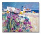 plaża, łódź, kwiaty- Obraz na płótnie