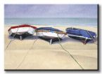 duży canvas w spokojnej kolorystyce z 3 łodziami na plaży