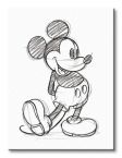 Czarno-biały obraz przedstawia szkic uśmiechniętej Myszki Miki