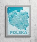 niebieska mapa polski na ścianę oprawiona w srebrną ramę