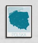niebieski plakat na ścianę oprawiony w czarną ramkę przedstawiający mapę polski