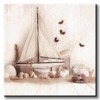 Obraz na płótnie który przedstawia statek, muszelki i piasek