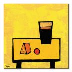 Obraz na płótnie przedstawiający stolik z leżącym na nim serem i szklanką napoju