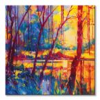 Canvas z kolorowym jeziorem pomiędzy drzewami