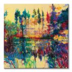 Kolorowy canvas z jeziorem pośrodku lasu