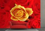 aranżacja fototapety z czerwonymi i żółtymi różami w salonie za czerwoną sofą