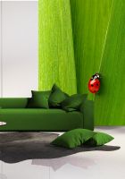aranżacja fototapety z biedronką na zielonej trawie w pokoju z szarą ścianą i nad białą sofą