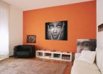 aranżacja obrazka o wymiarach 90x120 cm przedstawiającą młodą czarnoskórą kobietę na pomarańczowej ścianie w pokoju nad białą szafką