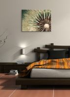 aranżacja obrazu z dmuchawcem w sypialni nad drewnianym łóżkiem