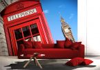 aranżacja fototapety z Big Benem i czerwoną budką telefoniczną w pokoju z czarnymi ścianami i białym fotelem