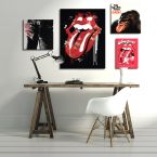 Obrazki o różnych rozmiarach przedstawiają ilustracje związane z zespołem Rolling Stones