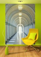 wnętrze z zielonymi ścianami i żółtym krzesłem. Na ścianie fototapeta z tunelem która sprawia wrażenie , że pomieszczenie jest większe