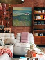 Obraz na płótnie Cottage by Ocean Meadow wiszący w salonie na ceglanej ścianie