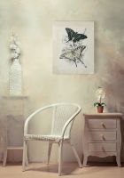 Obraz na płótnie Butterflies I wiszący w pokoju nad białym wiklinowym krzesłem