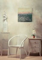 Obraz na płótnie Coastal Dawn przedstawiający łąkę o poranku wiszący nad białym wiklinowym krzesłem