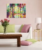 Obraz na płótnie Meadowcliff Morning wiszący na różowej ścianie w salonie nad białą kanapą