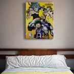 Canvas z japońskiego anime My Hero Academia przedstawiający bohaterów wiszący w sypialni nad drewnianym łóżkiem