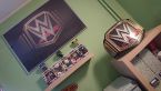Plakat WWE Logo powieszony w srebrnej ramie na zielonej ścianie